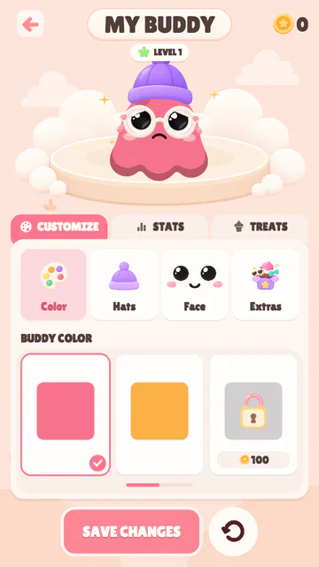My Buddy: a pink buddy in a purple beanie and round glasses on its stage, with colour, hat, face and extras to choose from.